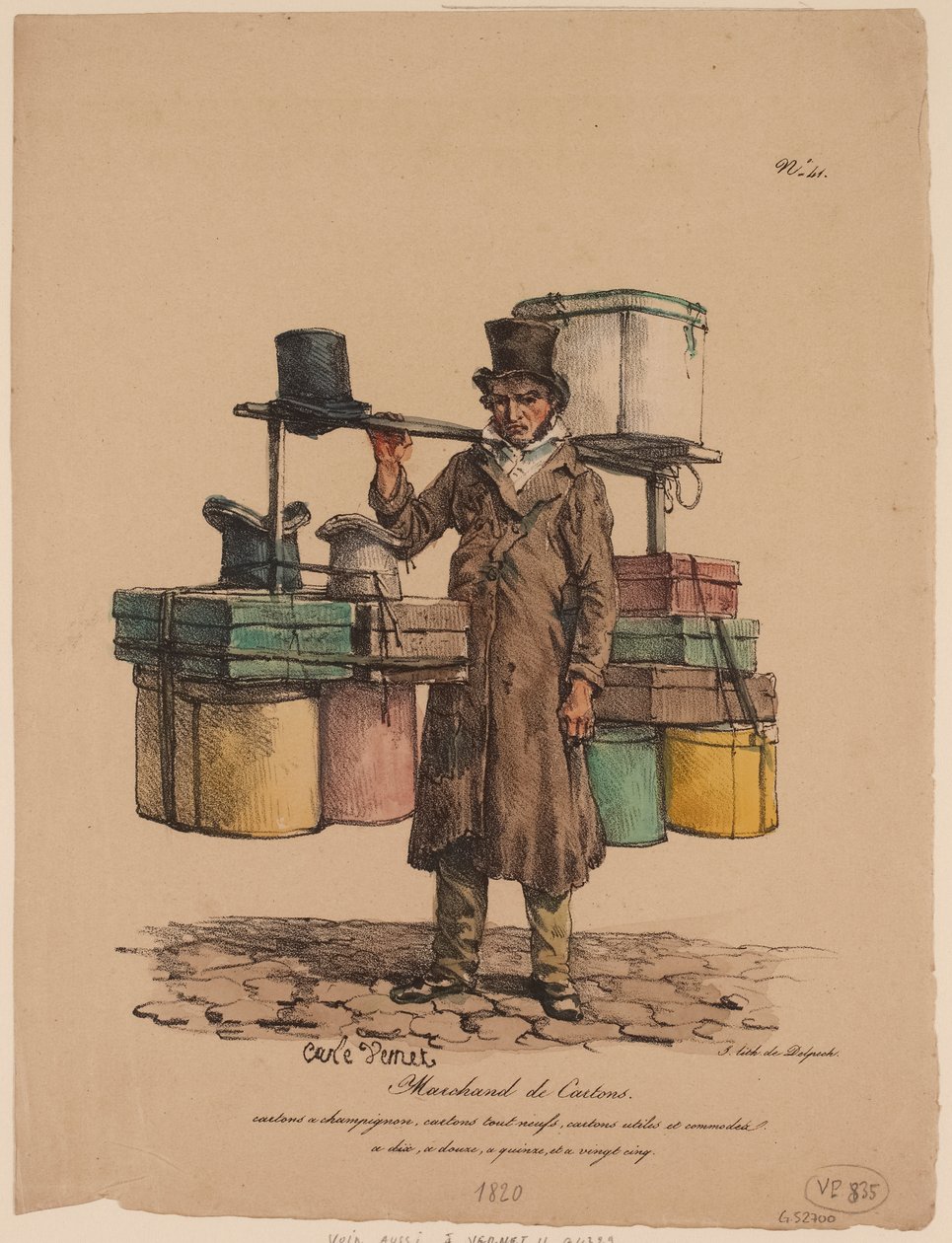 Vendedor de caixas de chapéus de "Les Cris de Paris de Carle Vernet