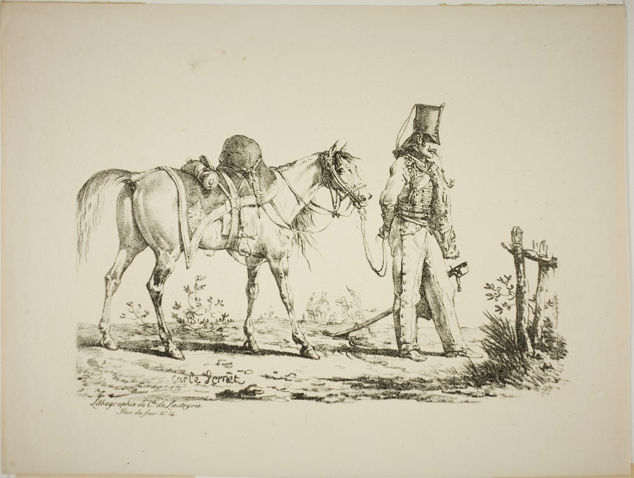 Hussard andando na frente de seu cavalo, fumando um cachimbo de Carle Vernet