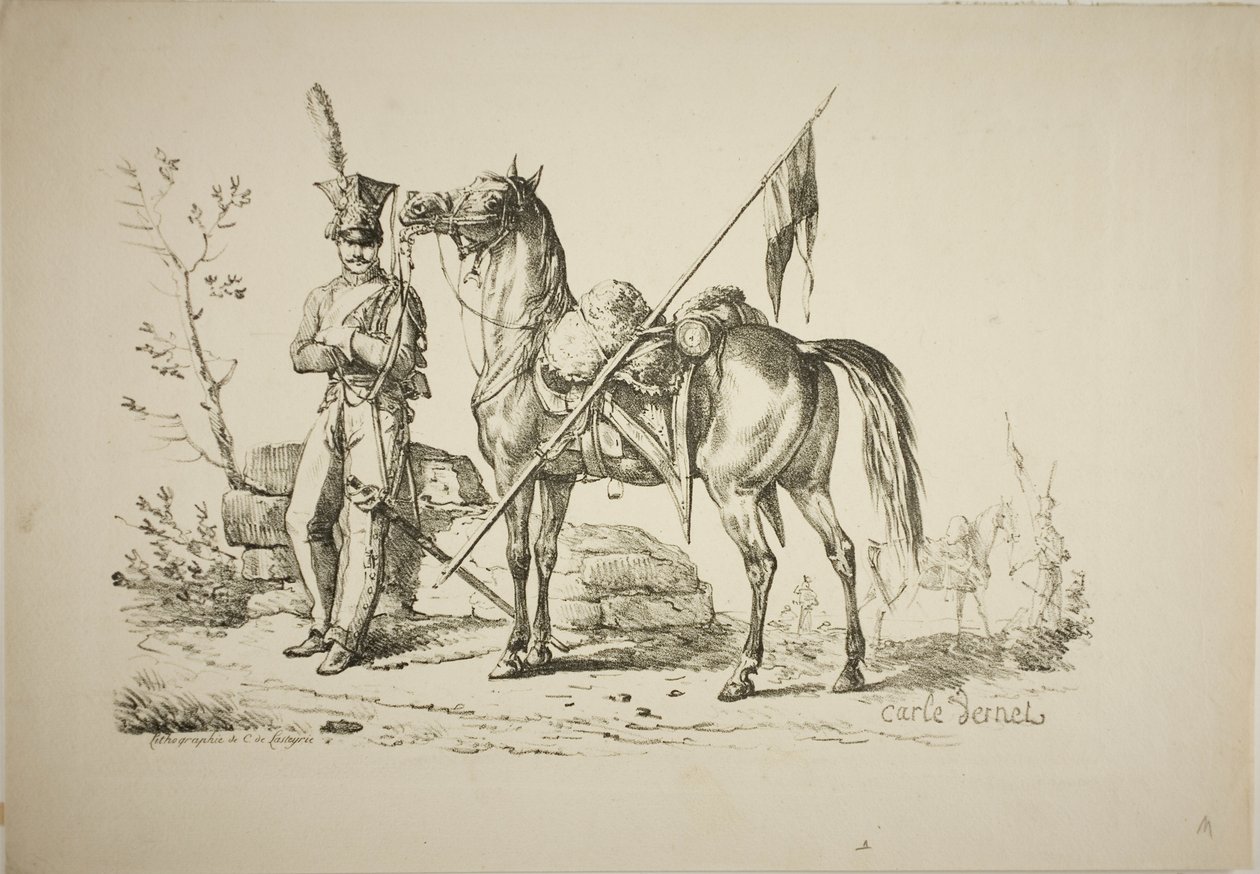 Lancer a pé caminhando ao lado de seu cavalo de Carle Vernet
