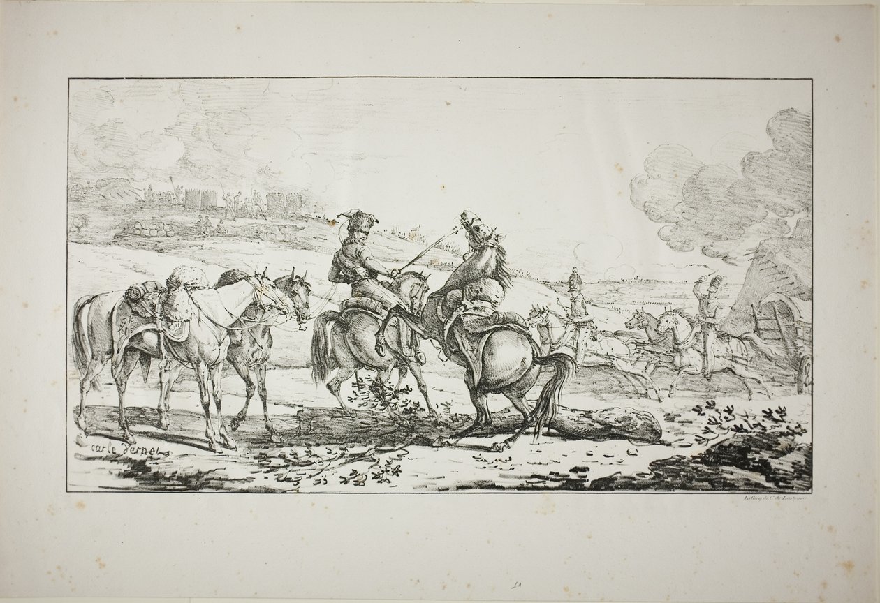 Artilharia montada com três cavalos freados ao mesmo tempo de Carle Vernet
