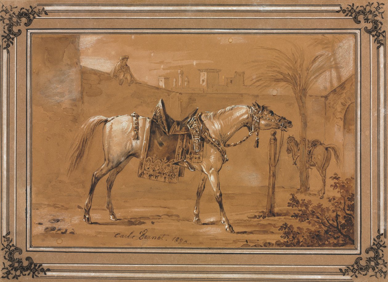 Cavalo árabe selado no pátio, 1820. de Carle Vernet
