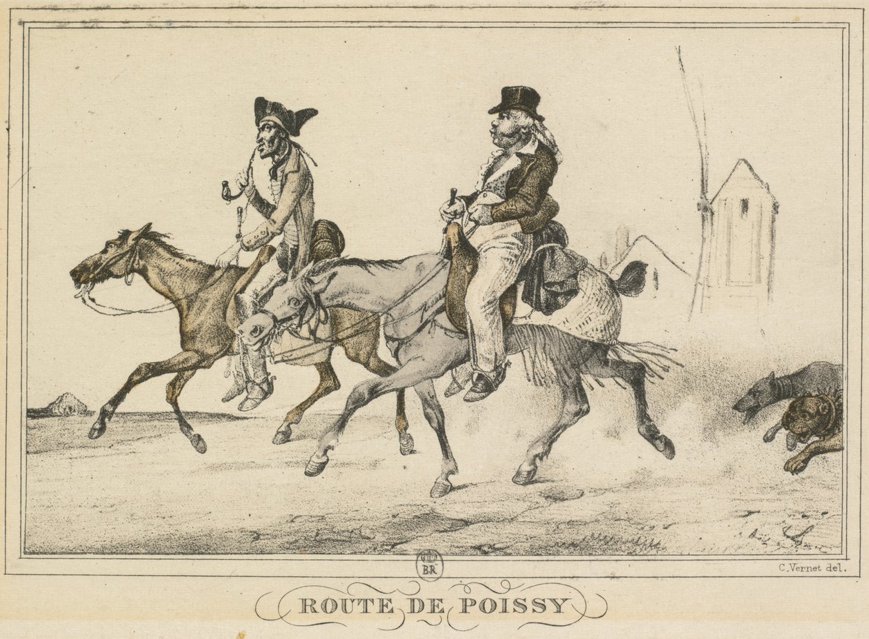 Cenas da vida cotidiana, estradas e caminhos: estrada para Poissy ..., 1816. de Carle Vernet