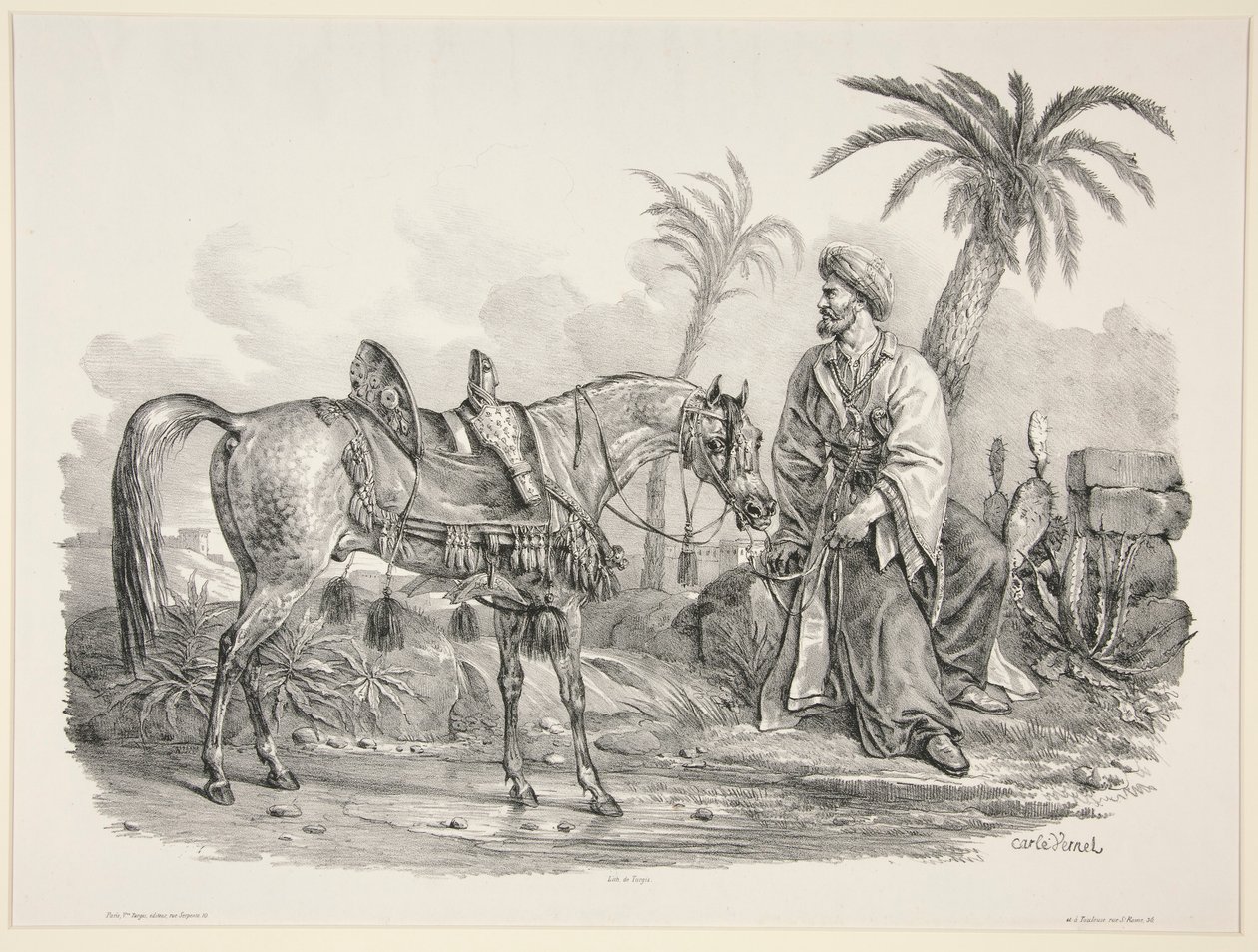 Árabe sentado segurando o freio de um cavalo árabe de Carle Vernet