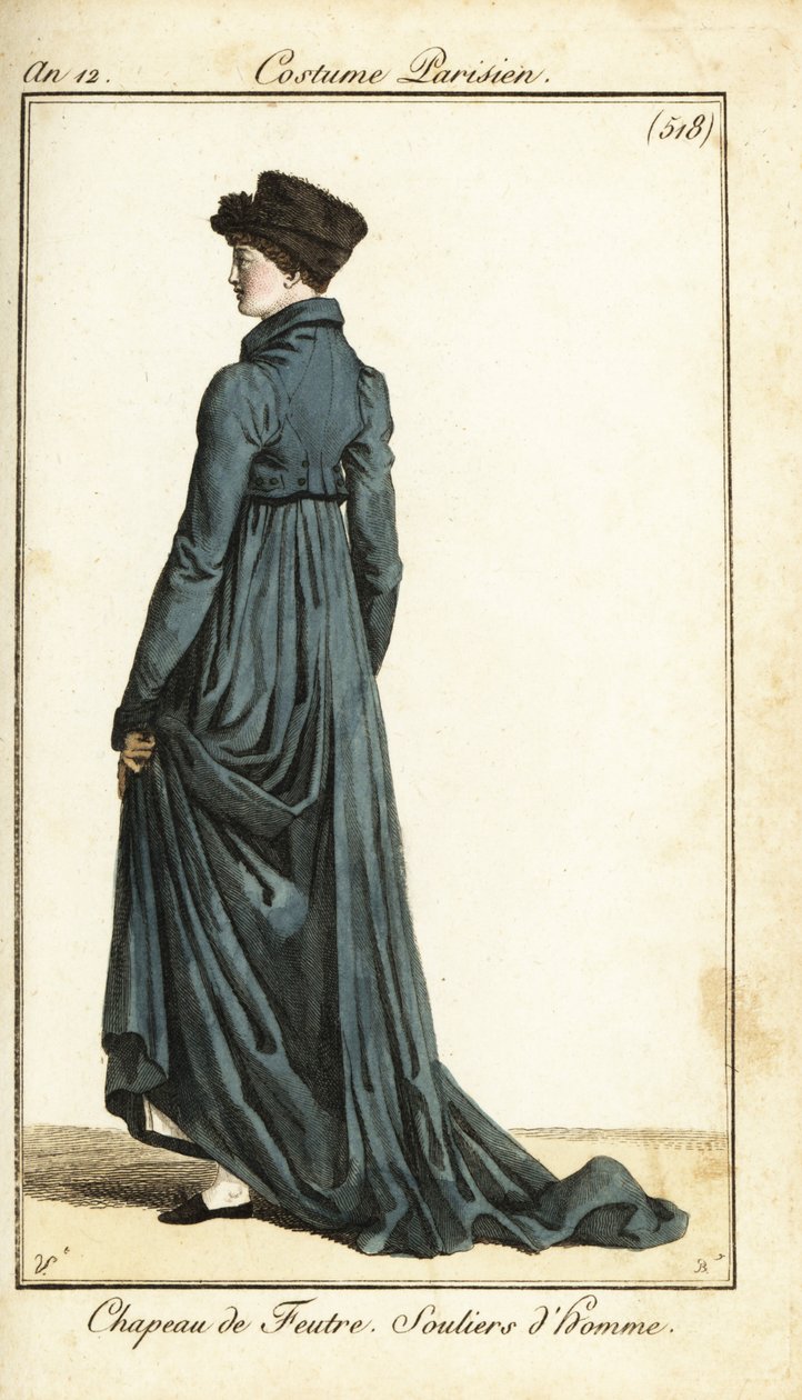Mulher de chapéu de feltro, casaco longo, chinelos masculinos, Paris de Carle Vernet