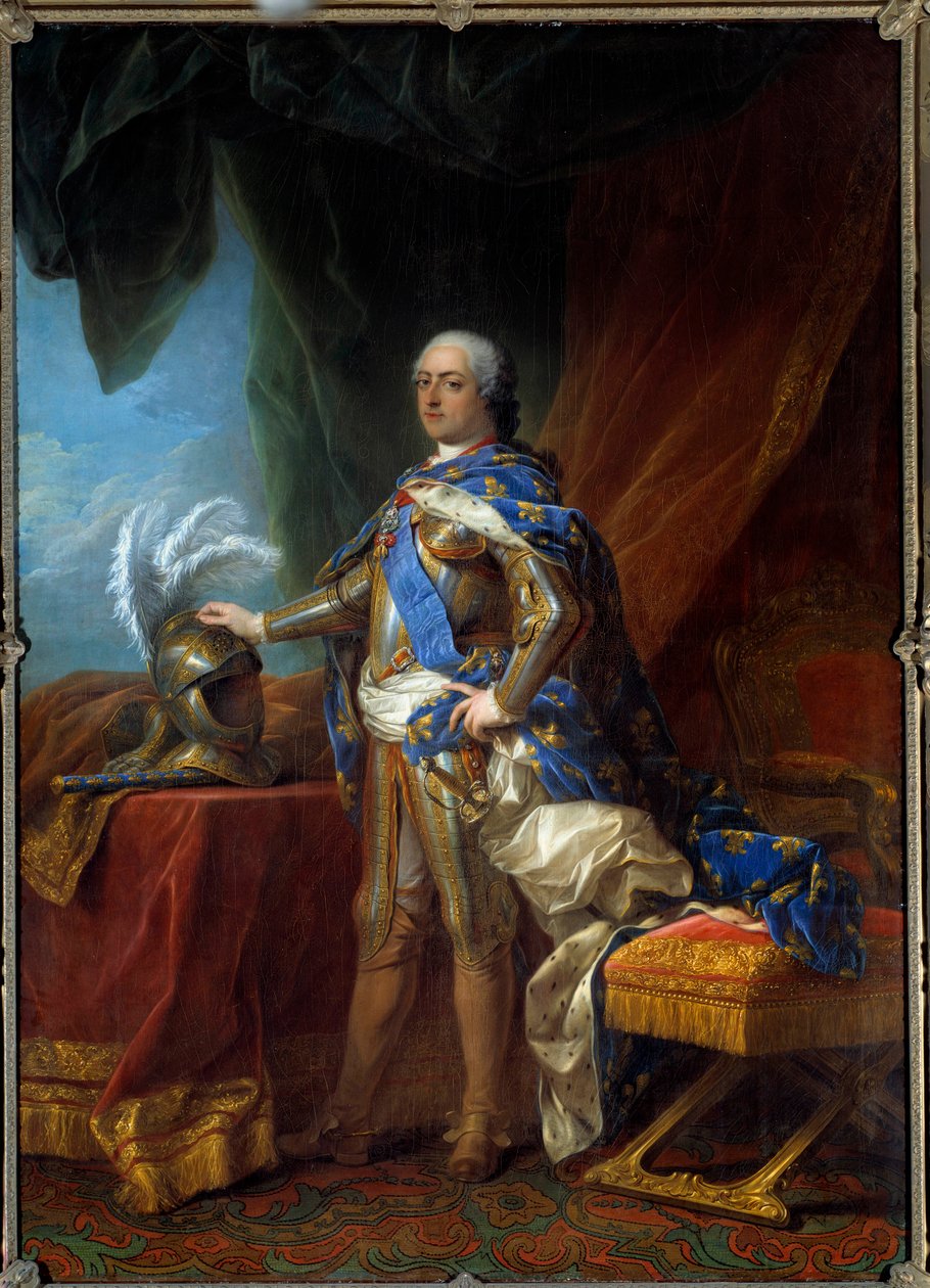 Retrato no pé de Luís XV (1710 - 1774) rei de França. Pintura da oficina de Carle Van Loo (1705 - 1765) de Carle van (studio of) Loo