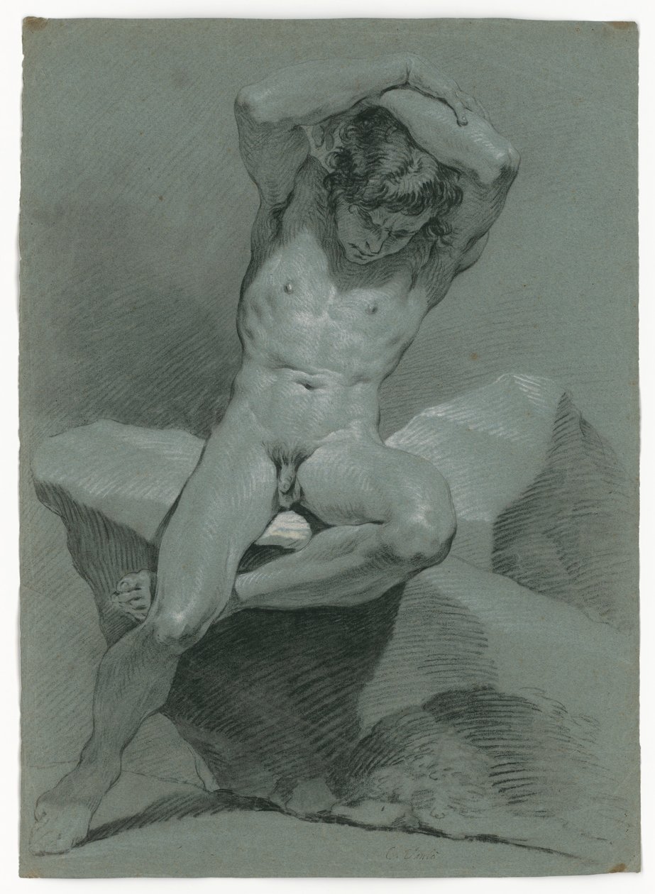 Estudo de nu de um homem sentado, com os braços cruzados sobre a cabeça de Carle van Loo