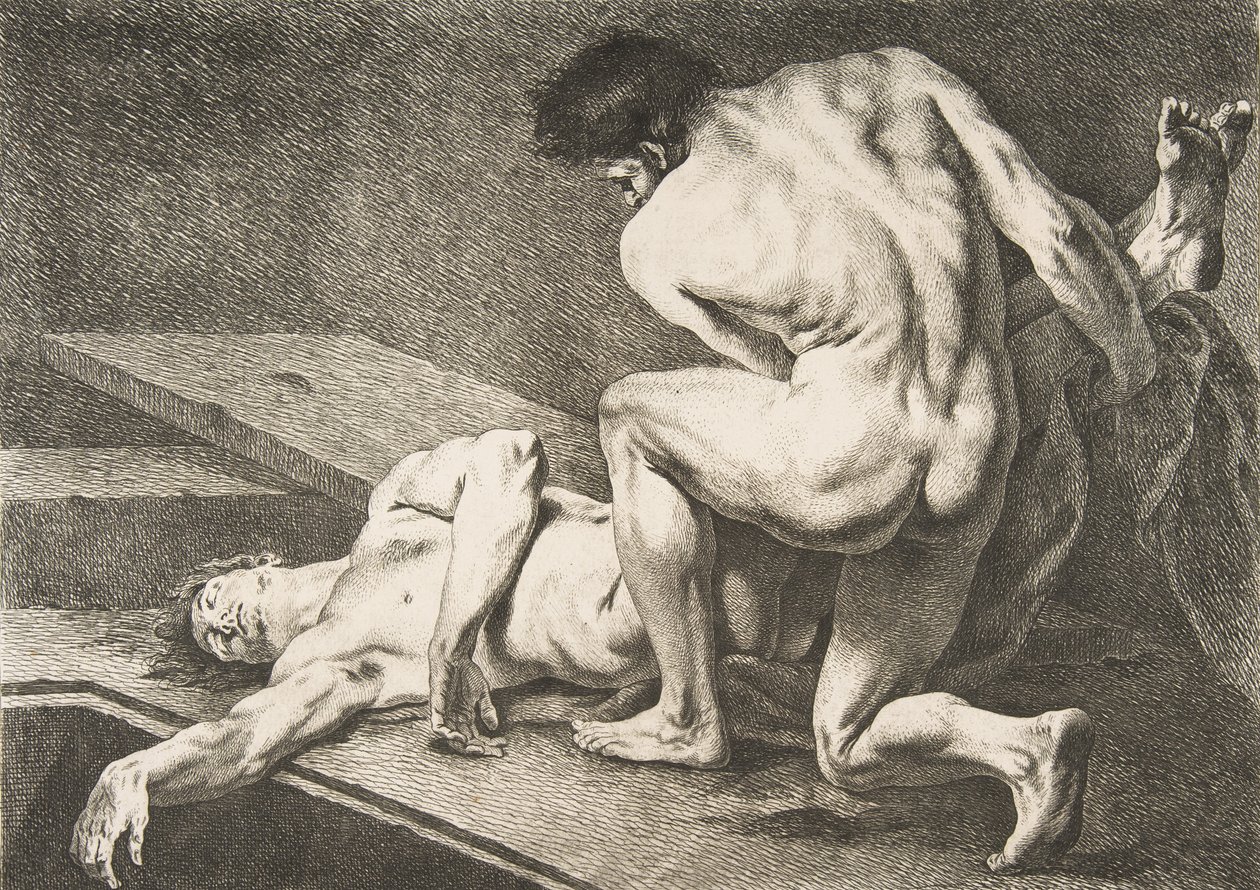An Académie: Um homem levantando as pernas de outro homem, 1742-43. de Carle van Loo