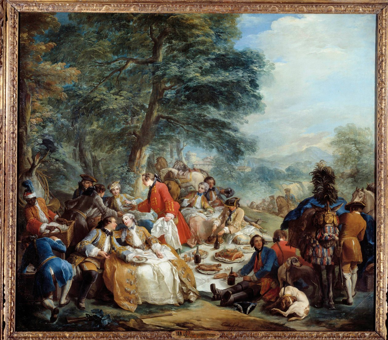 Parada de caça Um piquenique de nobres durante um jogo de caça. Pintura de Charles Andre Van Loo (1705-1765) Sol do século XVIII. 2,2x2,5 m. de Carle van Loo