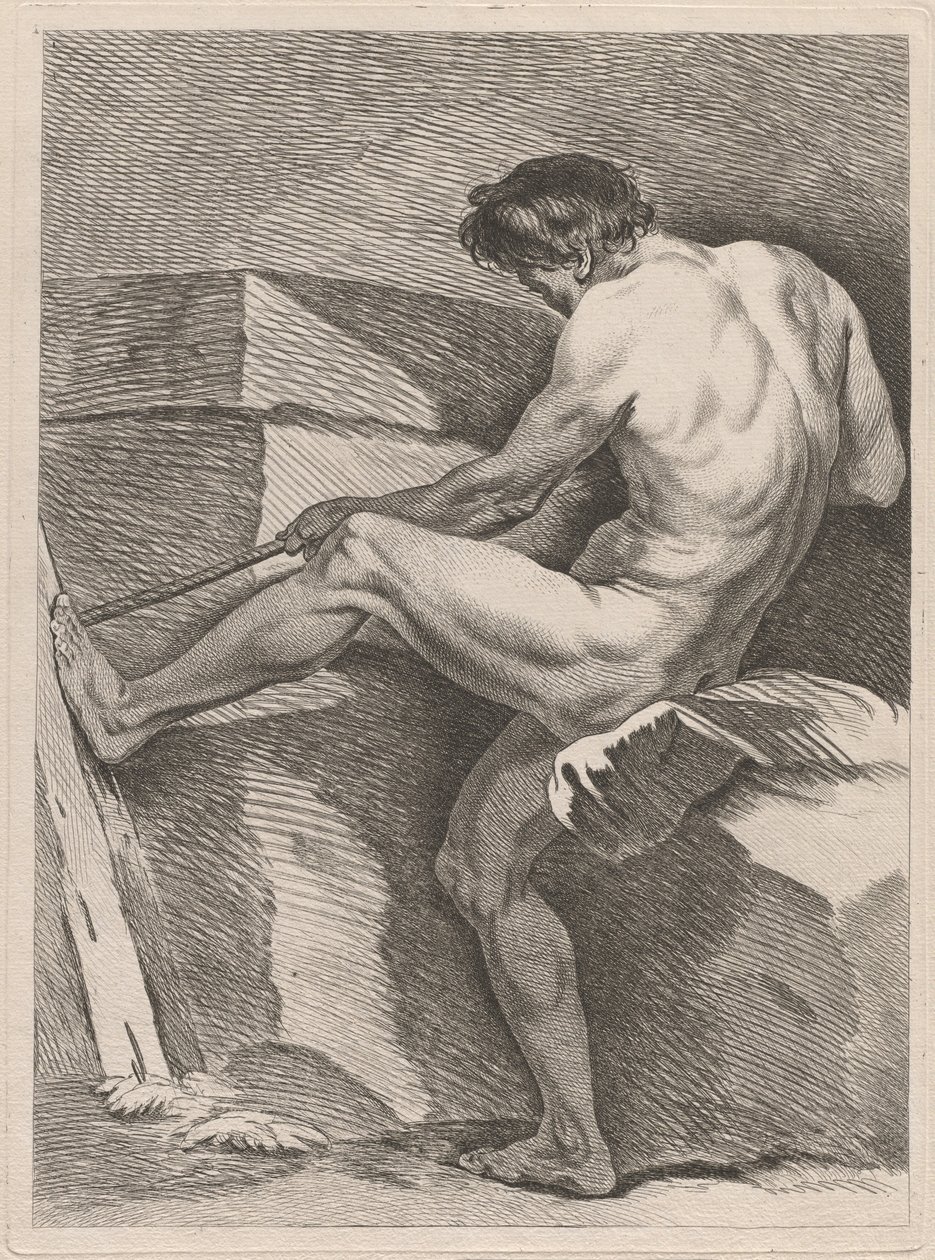 Homem puxando uma corda, seu pé apoiado de Carle van Loo