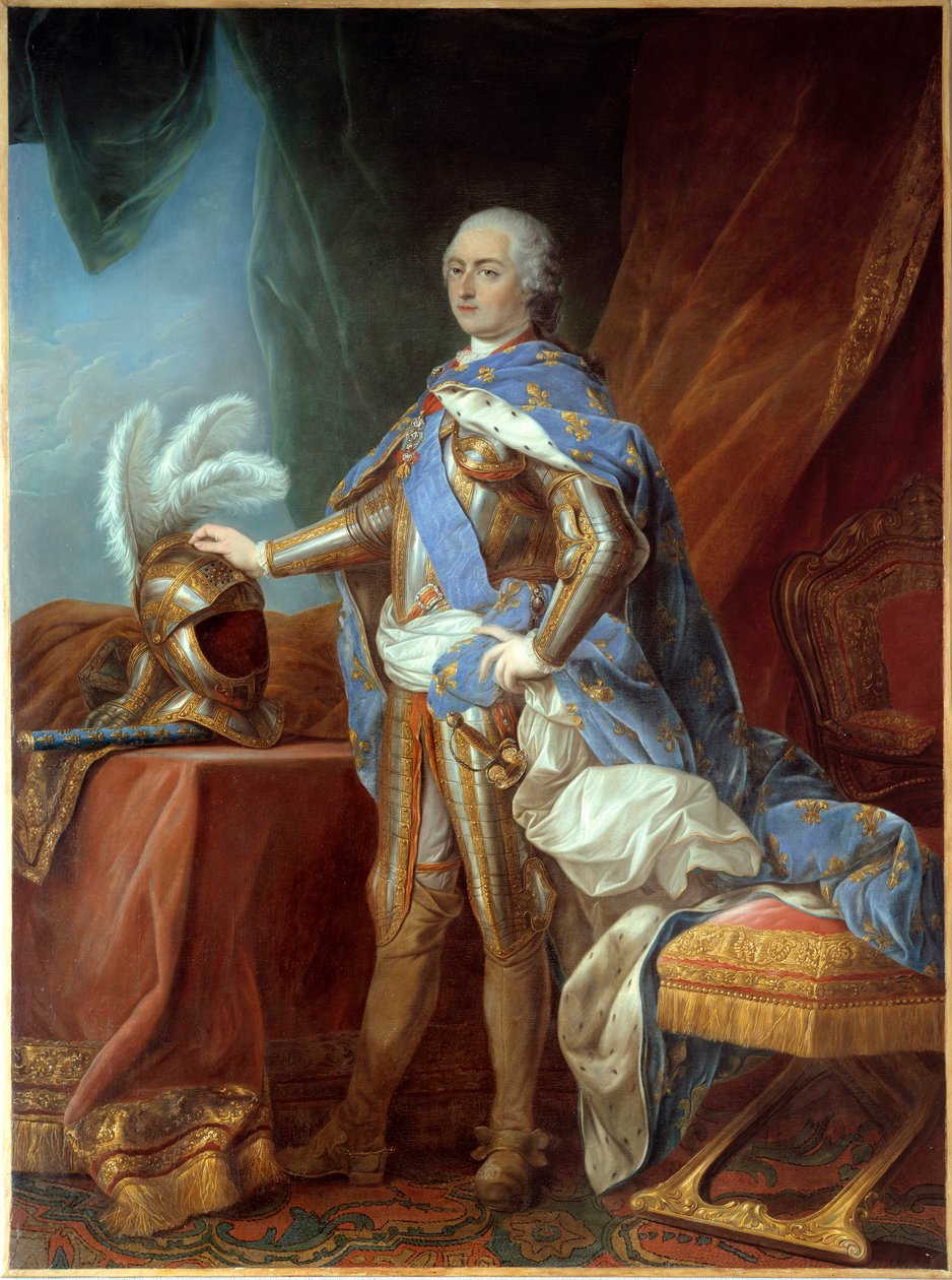 Retrato no pé de Luís XV (1710-1774), em armadura, colocado à mão sobre um leme. Pintura de Carle Van Loo (1705-1765), óleo sobre tela (271 x 193 cm) de Carle van Loo