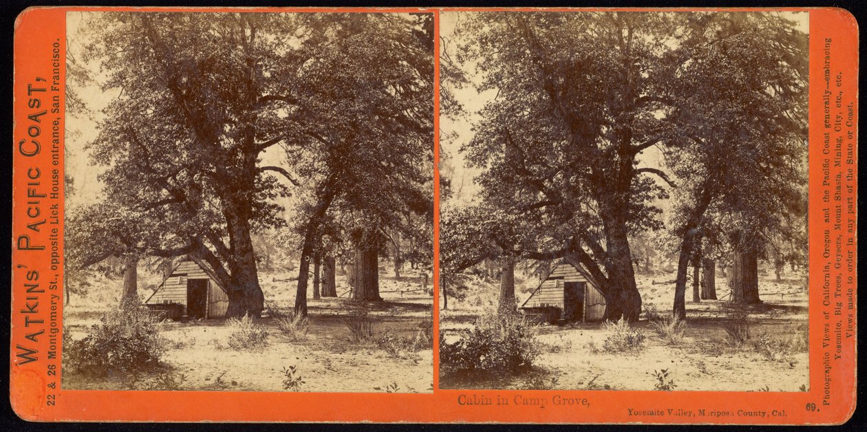 Cabine em Camp Grove, Yosemite Valley, Condado de Mariposa, Cal. de Carleton E. Watkins