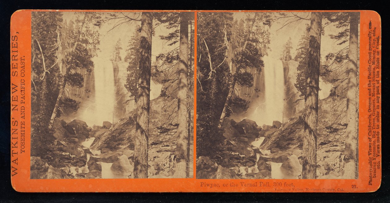 Piwyac, ou a queda Vernal em baixa água, a 300 pés, Yosemite Valley, Mariposa County, Cal. de Carleton E. Watkins