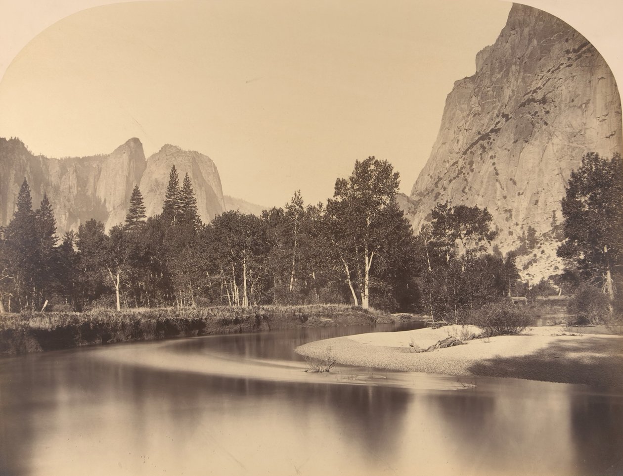 Vista do rio, descendo o vale, Cathedral Rock à esquerda, 1861, Yosemite. de Carleton Emmons Watkins
