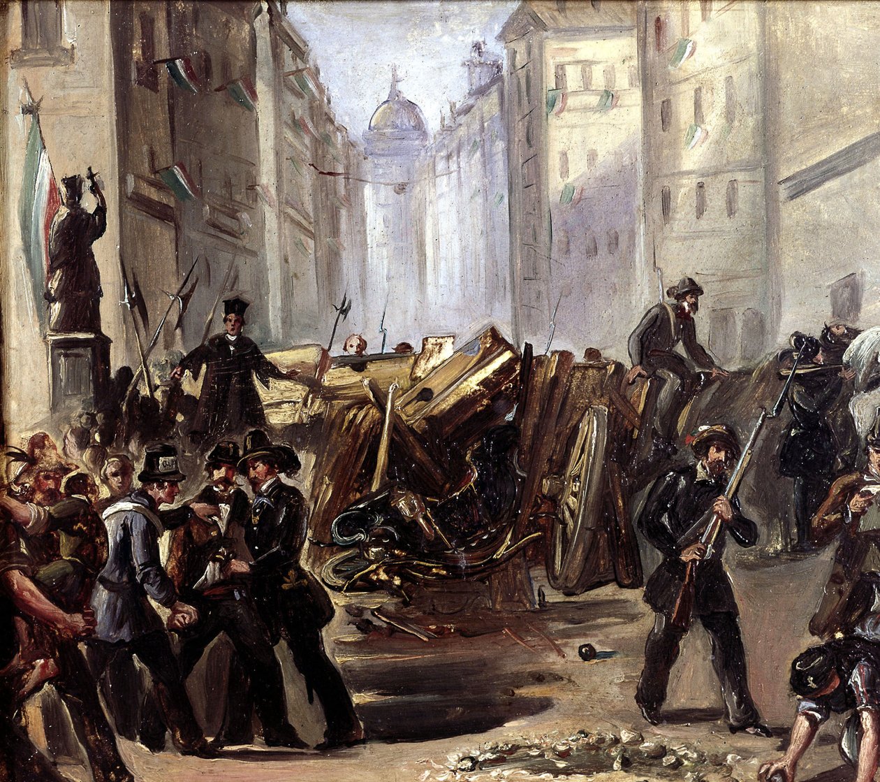 Batalha de rua e barricada em Roma na época do Risorgimento, 1870 de Carlo Ademollo