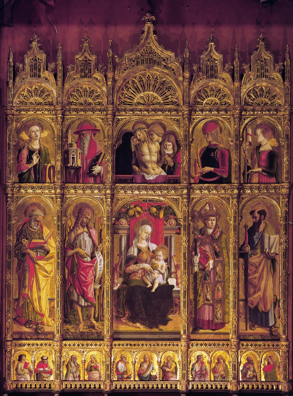 Retábulo de Santo Emídio, políptico: A Pieta e a Virgem com o Menino entre os Santos, c. 1430-95 (têmpera na madeira) de Carlo Crivelli