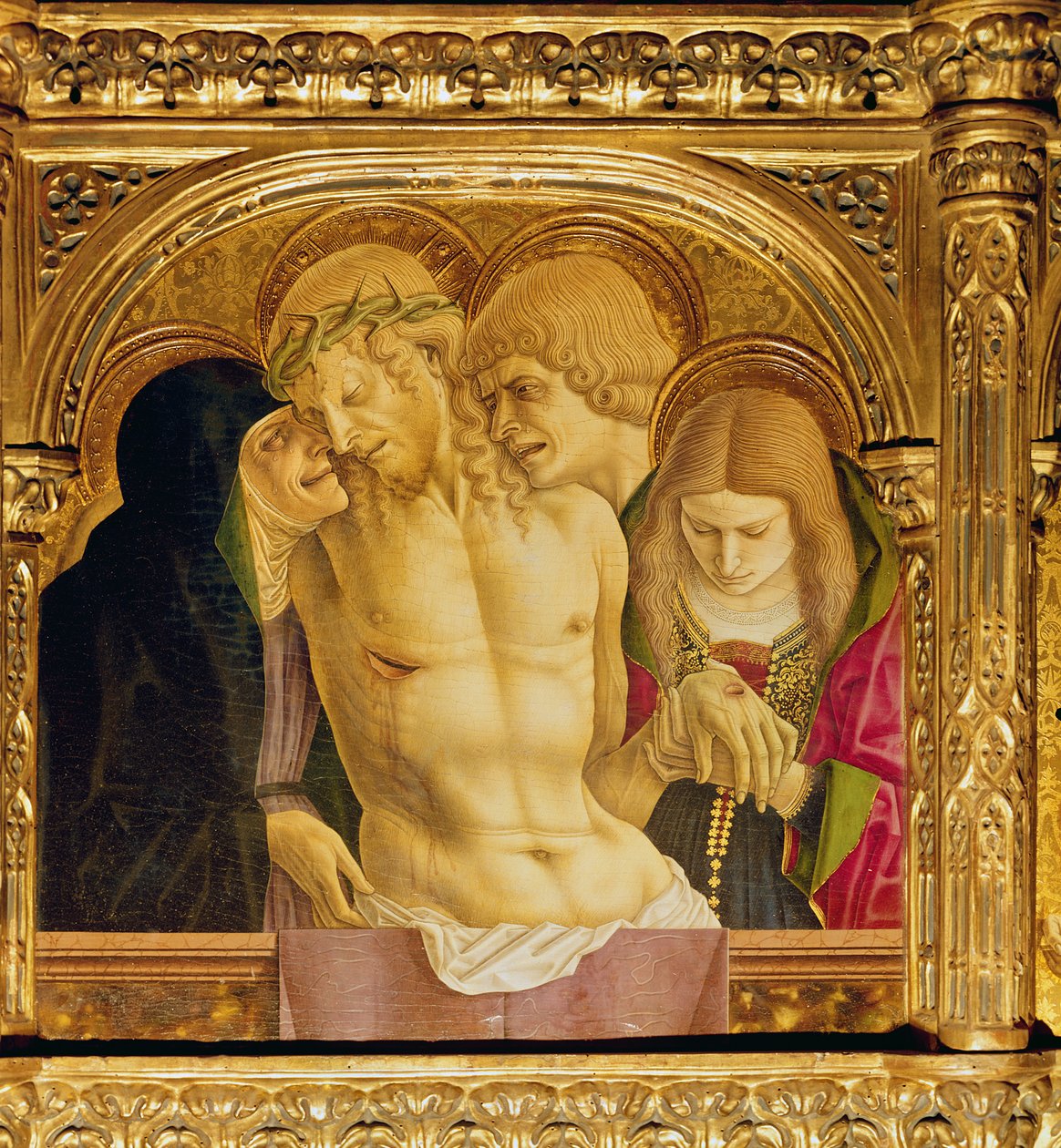 Retábulo de St Emidio, polyptych, detalhe do Pieta, 1473 têmpera sobre madeira de Carlo Crivelli