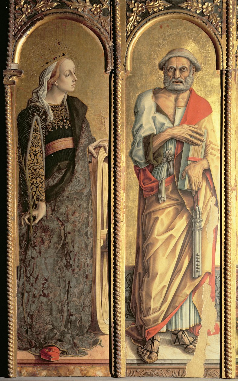 Santa Catarina de Alexandria e São Pedro, detalhe do tríptico de Santa Lucia (têmpera no painel) de Carlo Crivelli