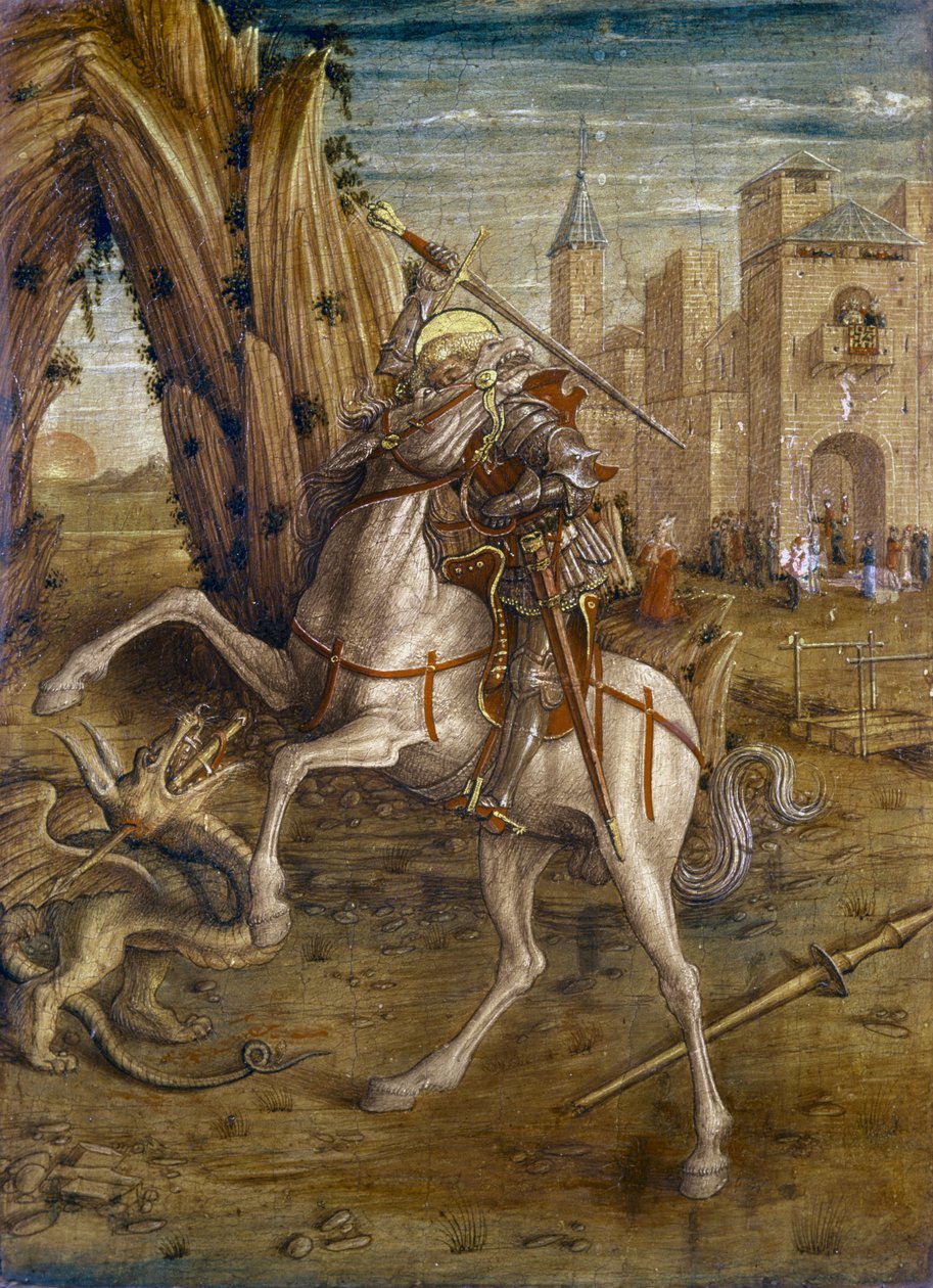 São Jorge e o Dragão, cena do painel predella do retábulo "Madonna della Rondine", c.1490 (painel) de Carlo Crivelli