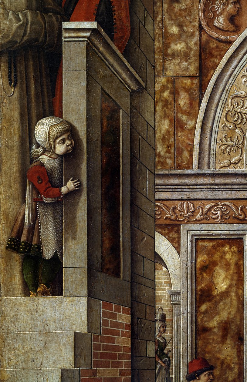 A Anunciação com S. Emídio, 1486 (têmpera e óleo sobre tela) (detalhe de 97895) de Carlo Crivelli