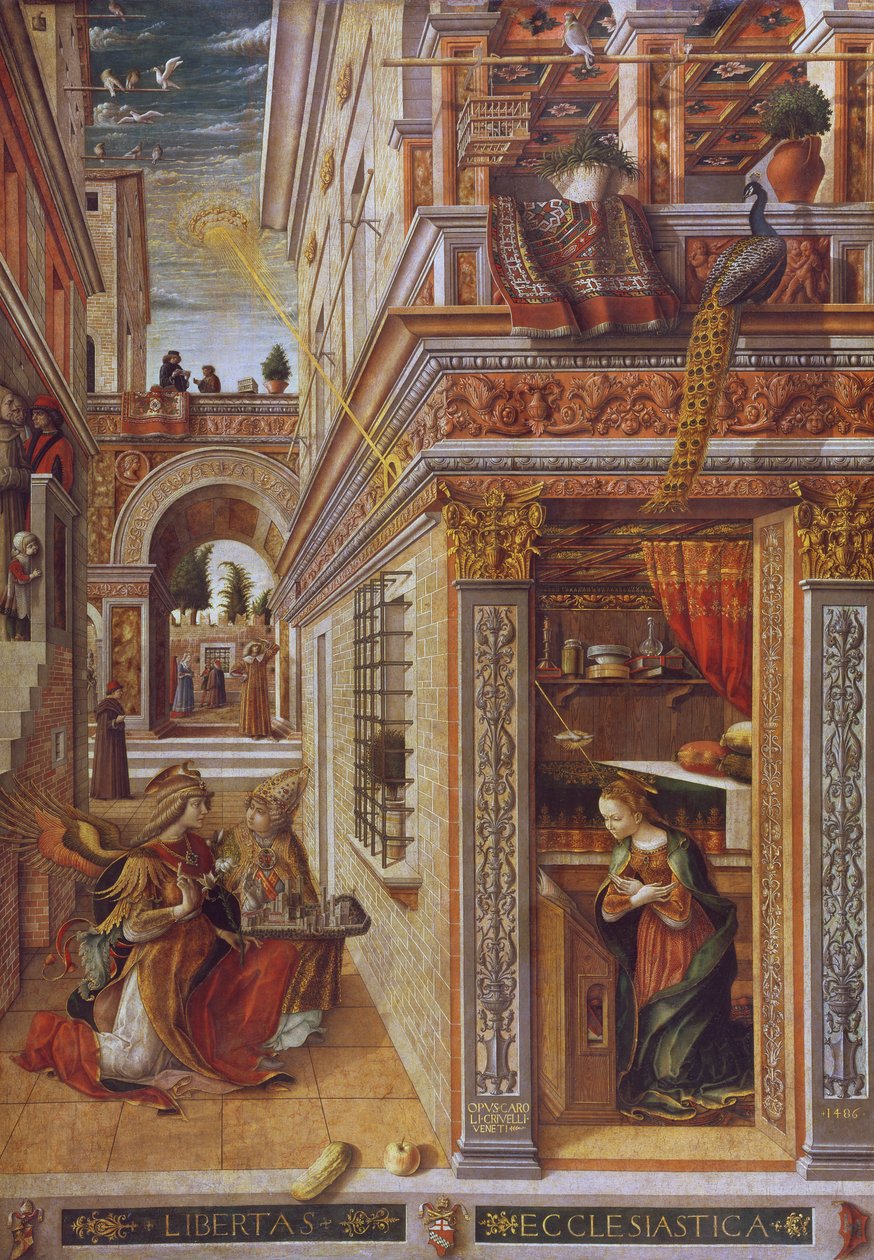A Anunciação com S. Emídio, 1486 (têmpera e óleo sobre tela) (para detalhes, ver 72635) de Carlo Crivelli