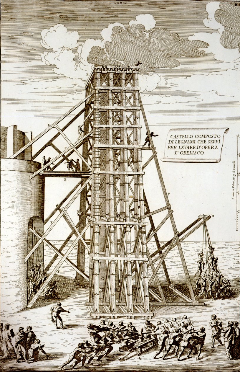 Erigindo o Obelisco Egípcio Antigo na Praça de São Pedro, em Roma, gravado por Alessandro Specchi de Carlo Fontana