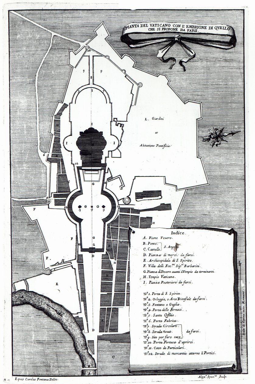 Planta do solo do Vaticano, Roma, gravado por Alessandro Specchi de Carlo Fontana