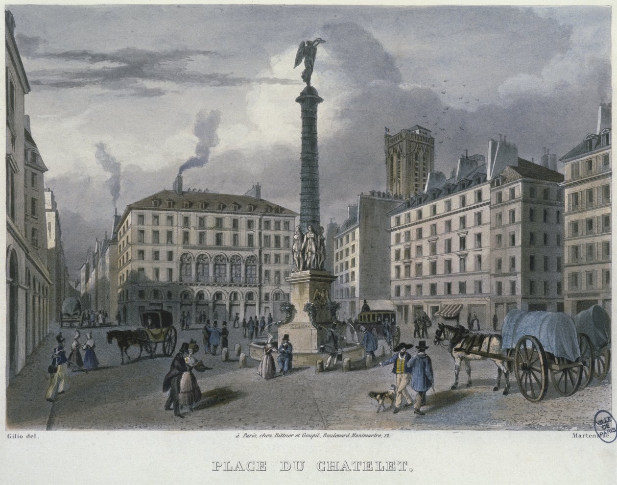 A Place du Chatelet, Paris, gravada por Frederic Martens (1809-75) 1832 (gravura a cor) de Carlo Gilio