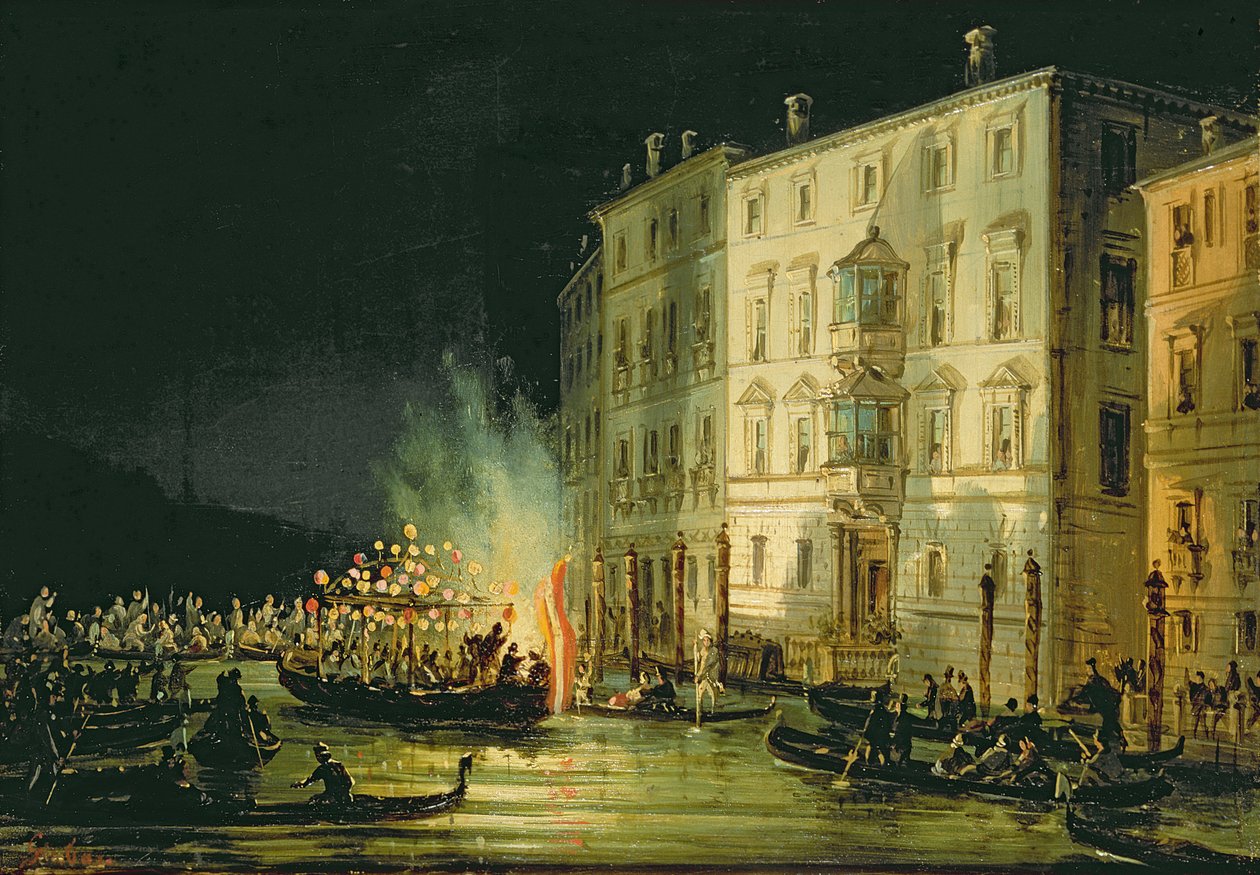 Canal veneziano à noite com festividades e fogos de artifício de Carlo Grubacs