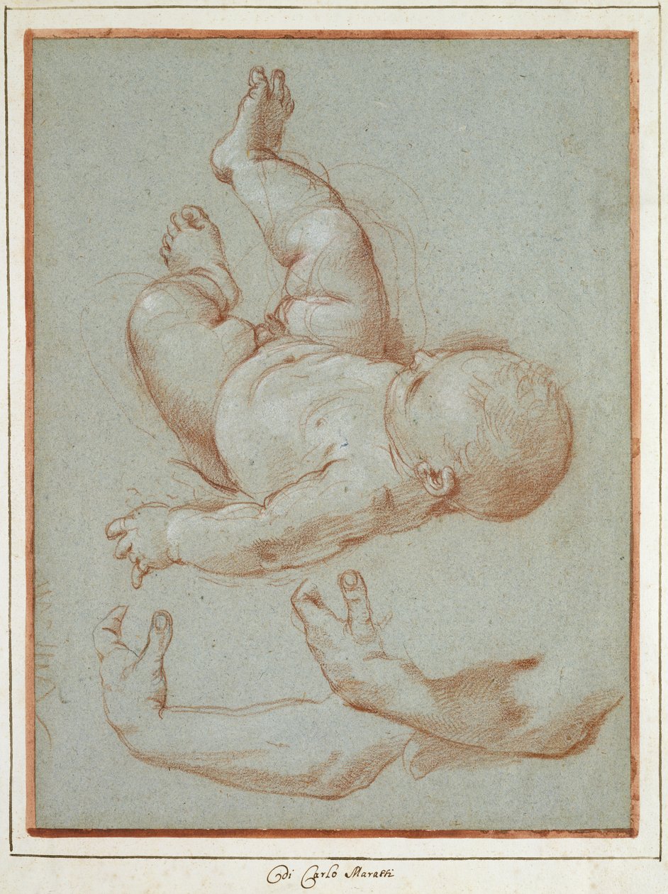 O Romulus Infantil e dois estudos do braço esquerdo de um homem (giz no papel) de Carlo Maratta or Maratti