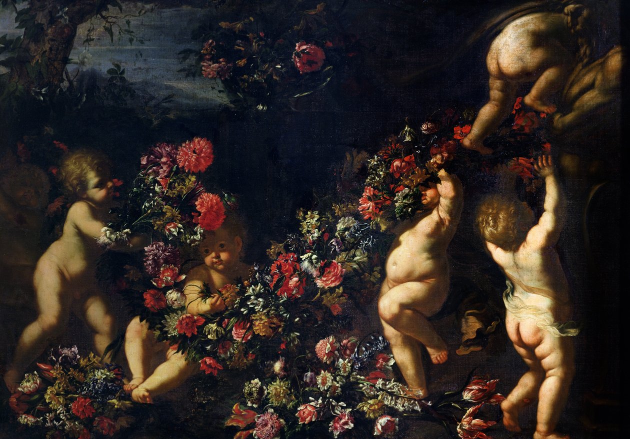 Putti brincando com guirlandas de flores de Carlo Maratta or Maratti