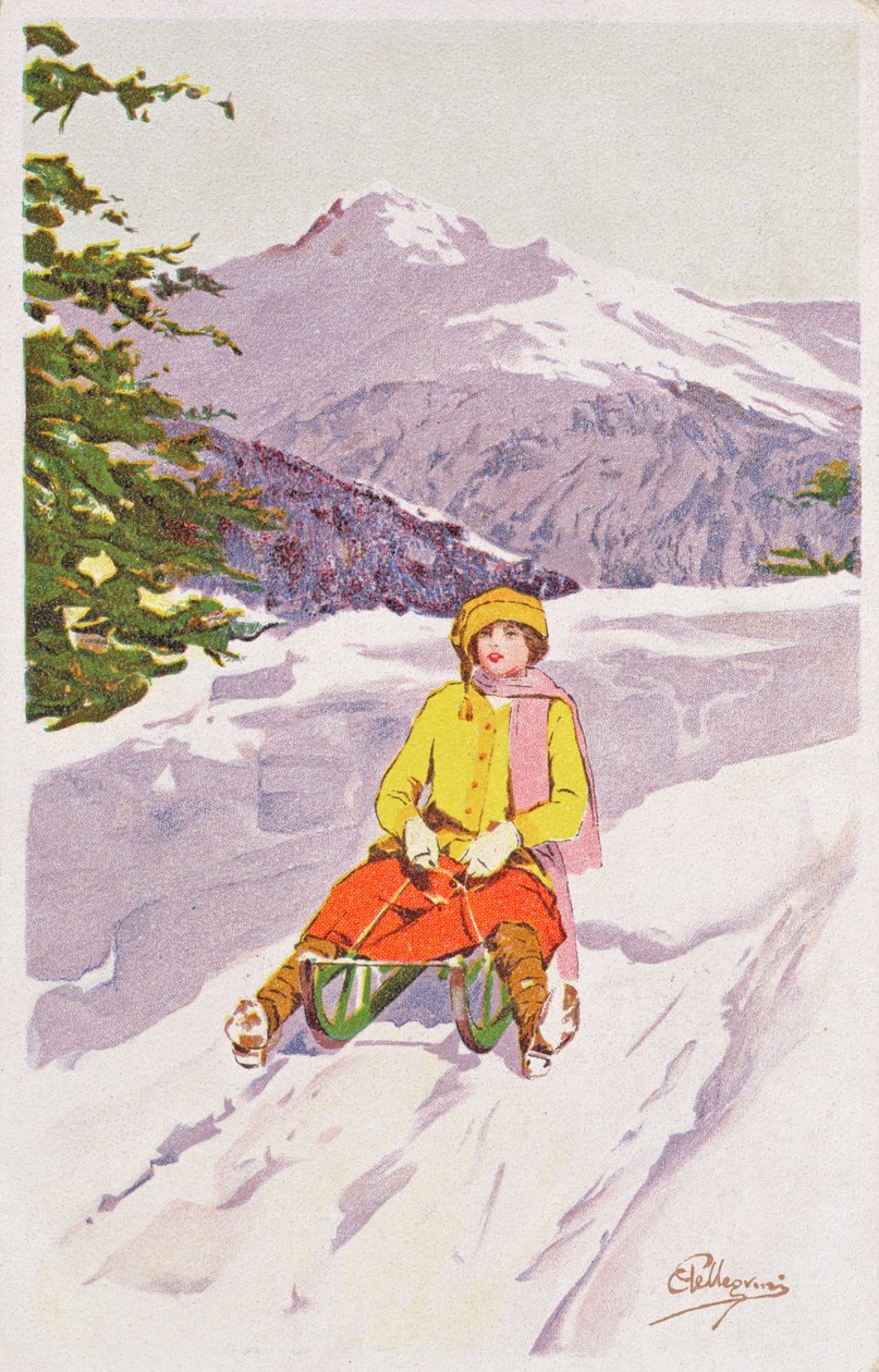 Jovem mulher Tobogganing de Carlo Pellegrini