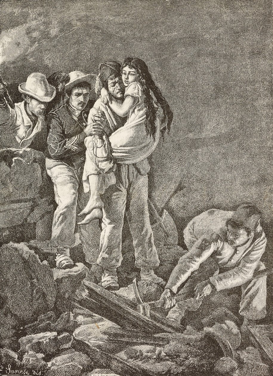 Uma rapariga é resgatada após o colapso da sua casa, sismo de Casamicciola, Itália, gravura de um desenho de E Sanesi e uma pintura de Carlo Ademollo (1824-1911), de L