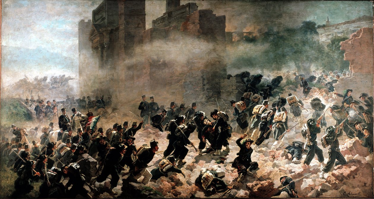 La breche de la Porta Pia, Roma (20 de Setembro de 1870) - Pintura de Carlo Ademollo (1825-1911), óleo sobre tela. Milão, Museu do Risorgimento de Carlo Ademollo
