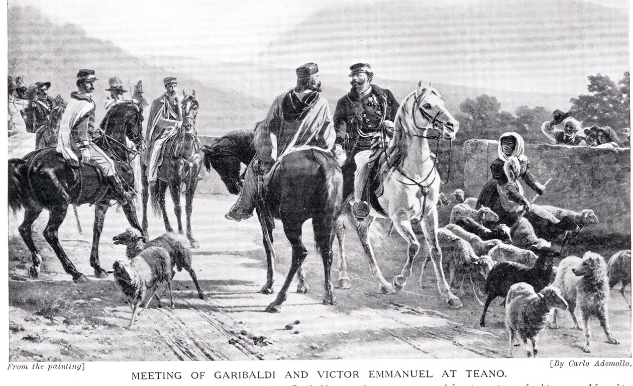 Encontro de Garibaldi e Victor Emmanuel em Teano, ilustração da &39;História das Nações&39; de Hutchinson de Carlo Ademollo