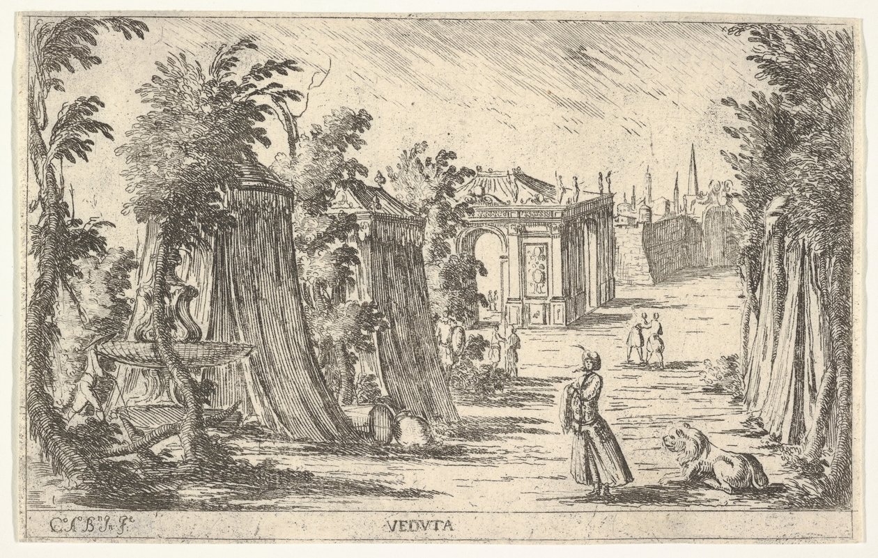 Vista com um homem de turbante e um leão à direita, tendas e arquitetura clássica..., 1680-1710. de Carlo Antonio Buffagnotti