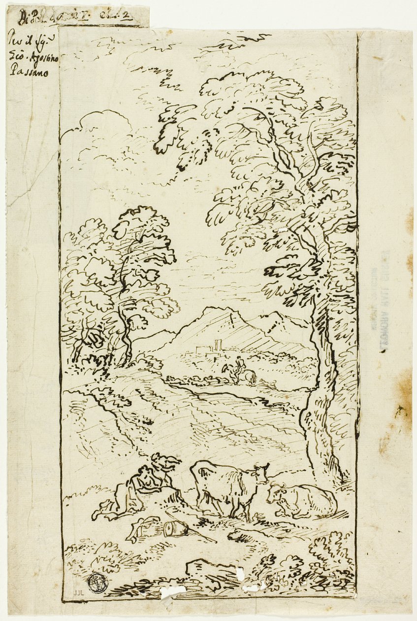 Paisagem montanhosa com vacas e pastores em primeiro plano de Carlo Antonio Tavella