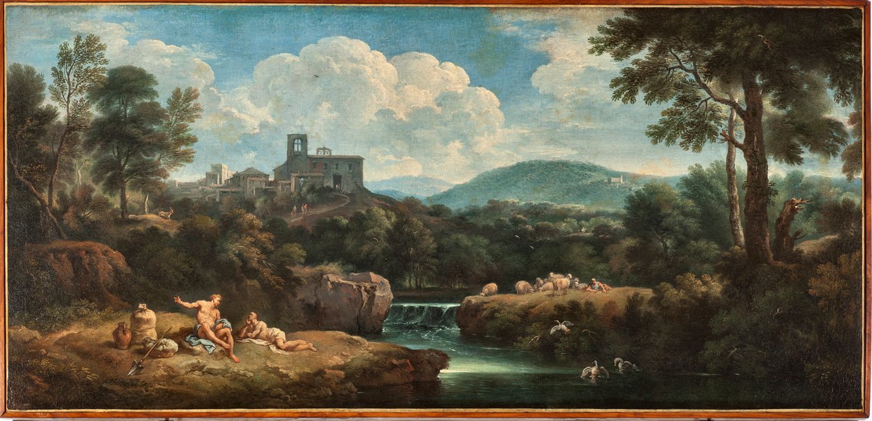 Paisagem com rio, trabalhadores vestidos de anti moda e uma aldeia Pintura de Carlo Antonio Tavella dit Il Solfarola (1668-1738) Musei di Strada Nuova (ex Palazzo Bianco) Genes, Itália de Carlo Antonio Tavella
