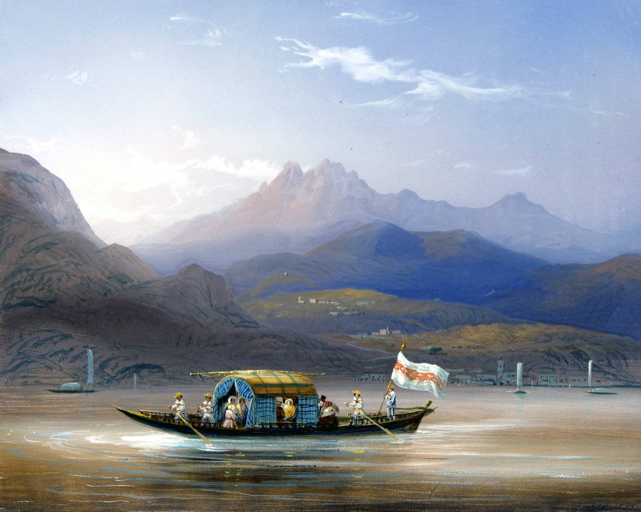 Lago Como. Um barco. Ao fundo, pode ver o Monte Groma, por volta de 1830. A pintura Bossoli. Como, al privado. de Carlo Bossoli