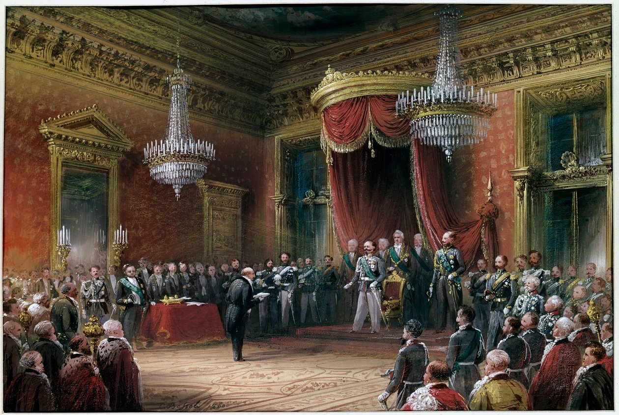 Risorgimento - Carlo Farini (1812-1866) apresenta a Victor Emmanuel II (Victor Emmanuel) (Vittorio Emanuele) (1820-1878) o pacto de anexação da Emilia Romagna em 1860 (óleo sobre tela) de Carlo Bossoli