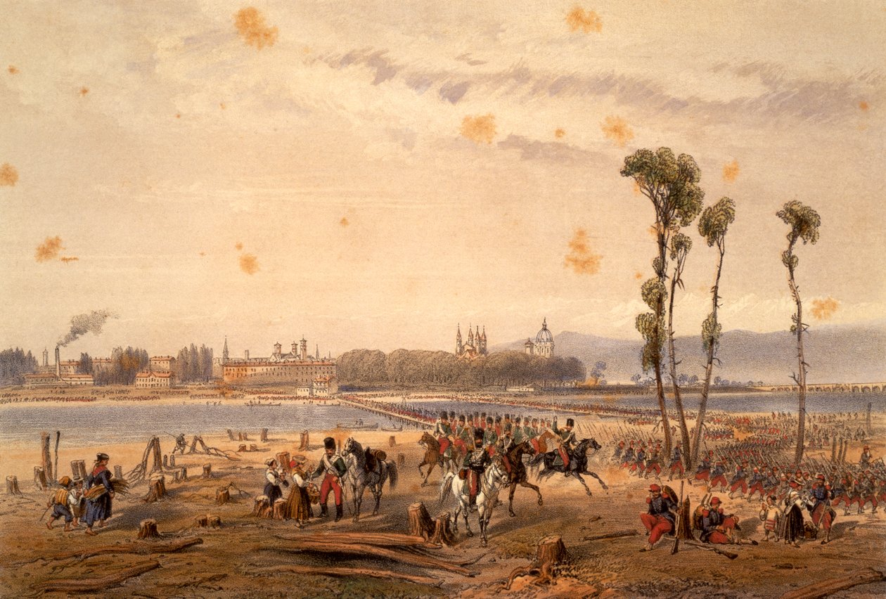 Os franceses passando a Sesia em Vercelli em 1859, por Carlo Bossoli (1815-1884), gravando. Segunda Guerra da Independência, Itália de Carlo Bossoli