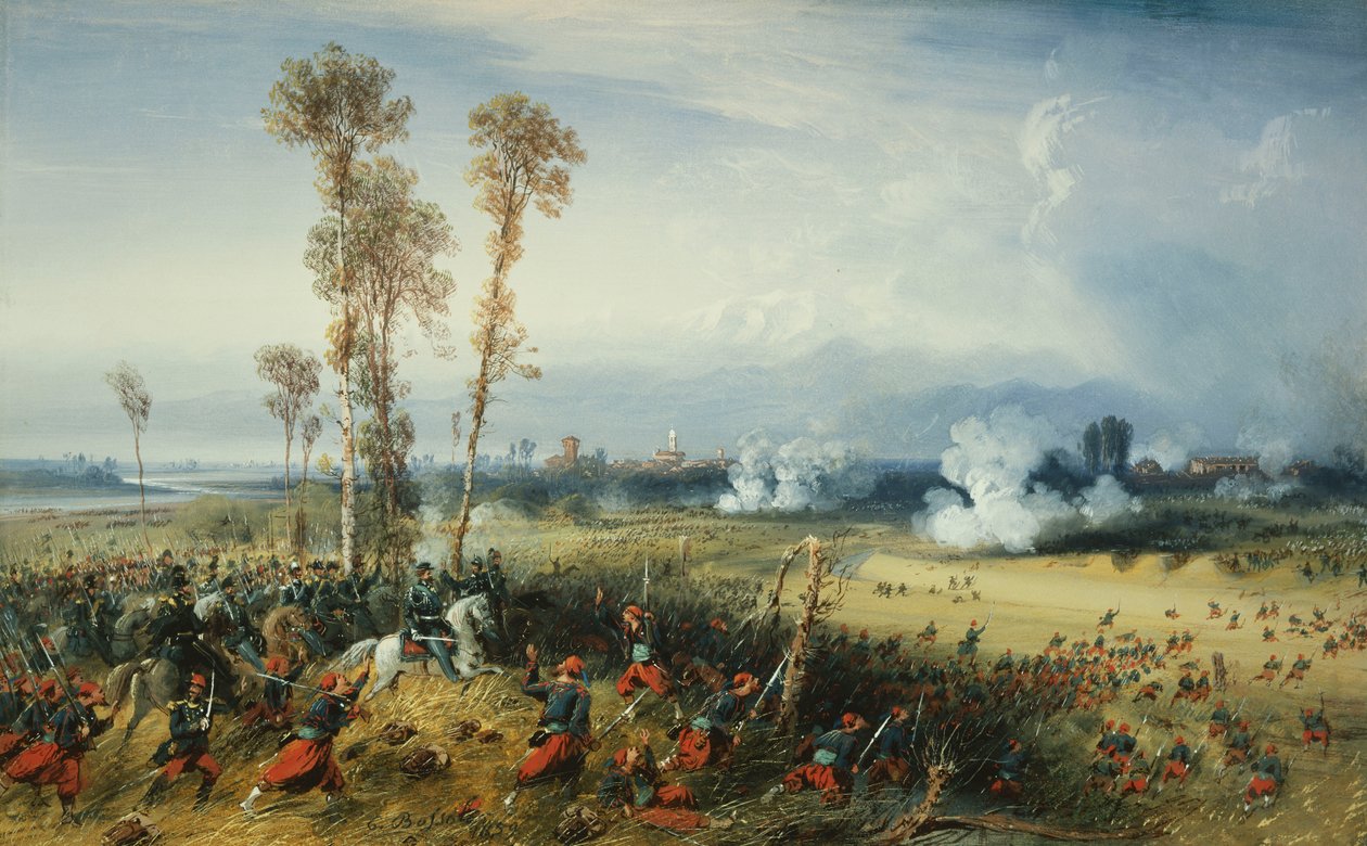 A guerra na Itália: a batalha do Palestro, o rei da Sardenha liderando as tropas, 1859 de Carlo Bossoli