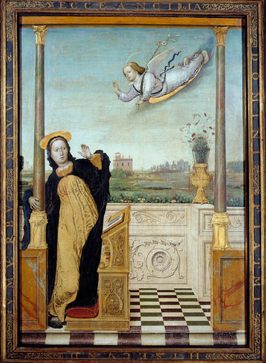 Anunciação. Painel central de um tríptico. Pintura de Carlo Di Giovani Braccesco (1478-1501) de Carlo Braccesco