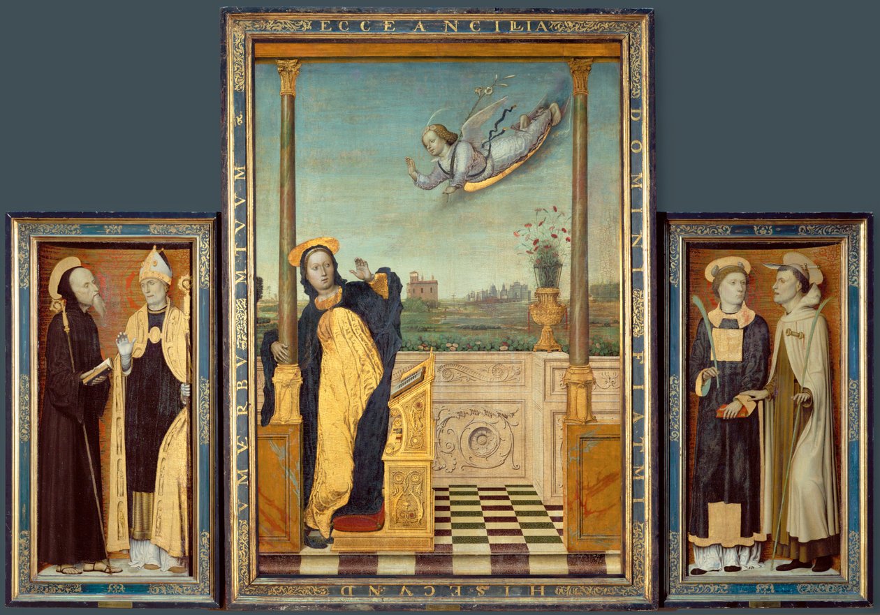 Anunciação, Santos Bento e Agostinho, Santo Estêvão e Angelus (pintura sobre madeira) de Carlo Braccesco