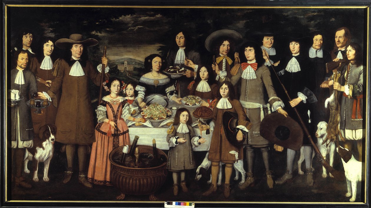 Retrato de uma família ou "Beber durante uma caça de caça". Pintura por Carlo Cane (1618-1688). Pintura do século XVII. Pinacoteca del Castello Sforzesco Milão de Carlo Cane