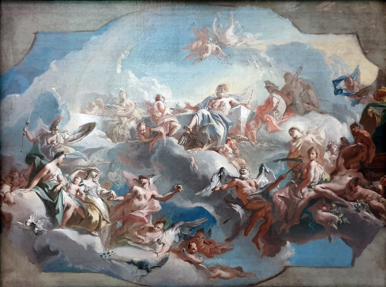 Alemão: Der Aufbruch der Göttinnen Juno, Venus und Minerva, geleitet von Merkur, zum Parisurteil Partida das deusas Juno, Vénus e Minerva para o julgamento de Paris de Carlo Carlone