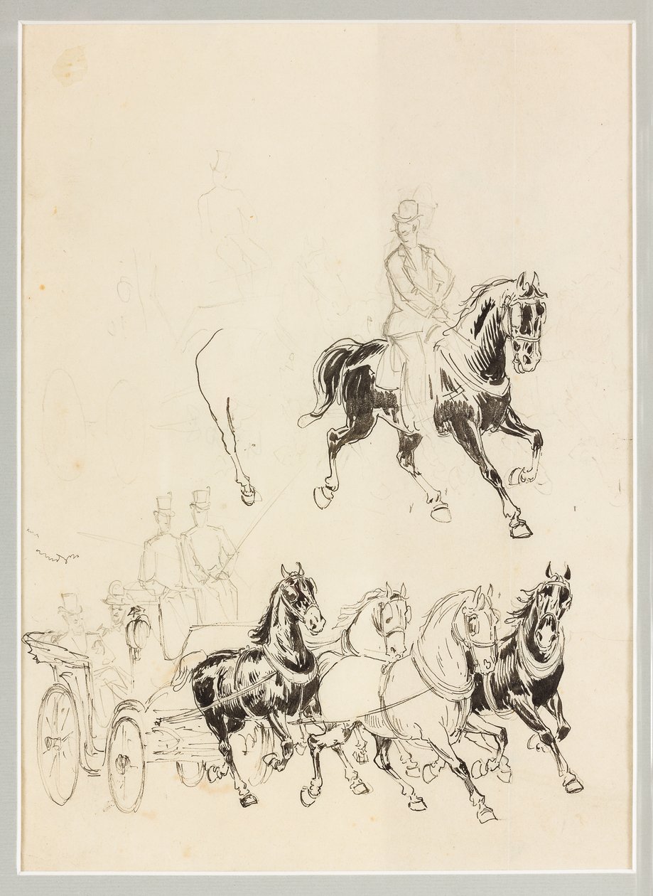 Estudo Preparatório para Carruagens e Cavalos (desenho em tinta da china e lápis sobre papel) de Carlo Casaltoli