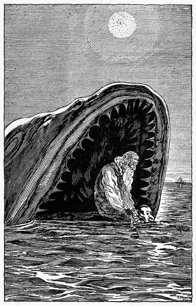 Ilustração de Pinóquio de Carlo Chiostri (1863-1939), um dos primeiros ilustradores italianos da obra de Collodi. O boneco de madeira e o seu pai Gepetto escaparão a nadar da boca do enorme tubarão que os engoliu. de Carlo Chiostri