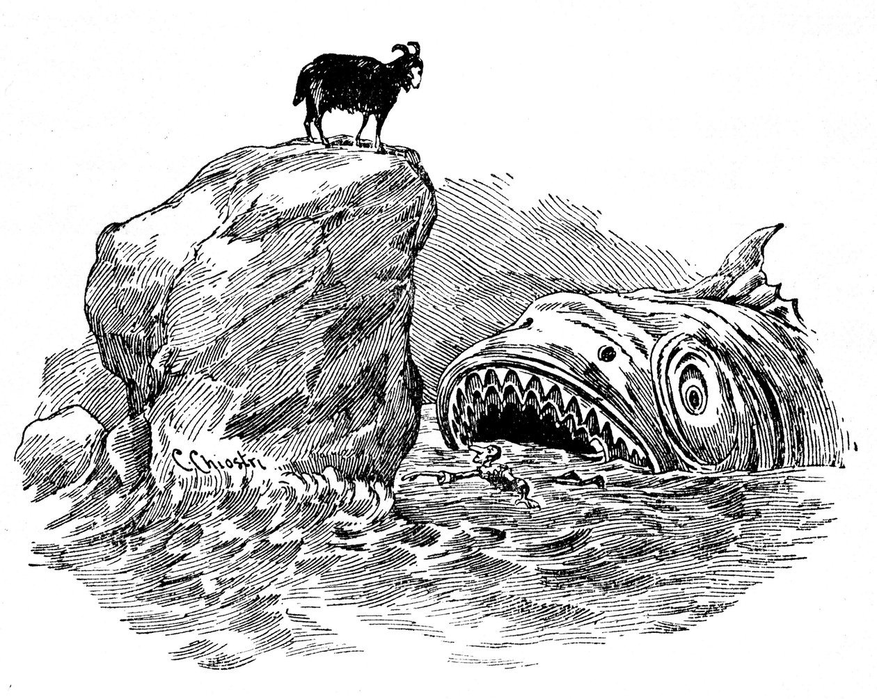 Ilustração de Pinóquio de Carlo Chiostri (1863-1939), um dos primeiros ilustradores italianos da obra de Collodi. O boneco de madeira será engolido por um terrível tubarão, apesar da ajuda da taxa azul que deu o aspecto de um bode empoleirado numa rocha de Carlo Chiostri