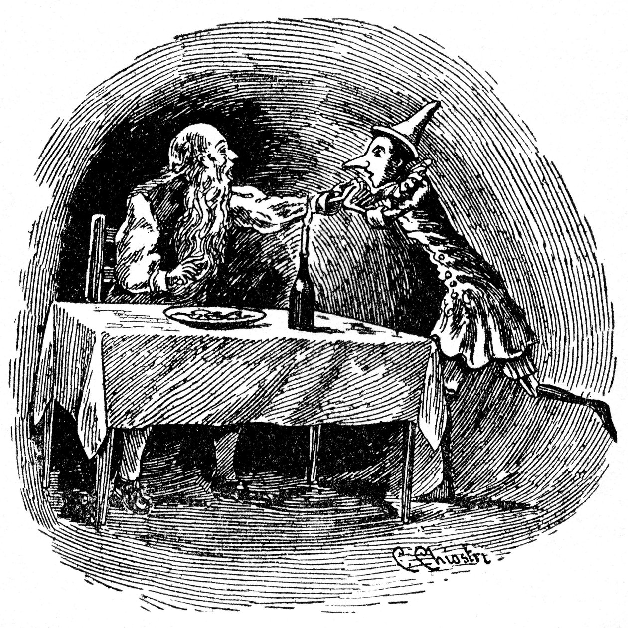 Ilustração de Pinóquio de Carlo Chiostri (1863-1939), um dos primeiros ilustradores italianos da obra de Collodi. O boneco de madeira encontra o seu pai Gepetto na barriga do tubarão que os engoliu. de Carlo Chiostri