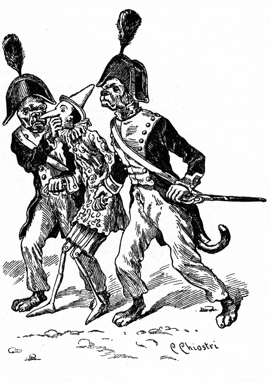 Ilustração de Pinóquio de Carlo Chiostri (1863-1939), um dos primeiros ilustradores italianos da obra de Collodi. Dois cães vestidos de gendarmes levam o boneco de madeira. de Carlo Chiostri